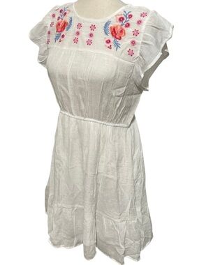 mine Women's NWOT White Mini Dress Sleeveless Embroidered Multicolor Floral